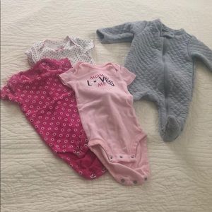 Infant 0-3 mos onesies and gray sleeper